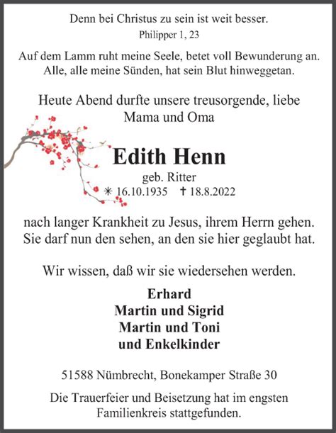 Traueranzeigen Von Edith Henn WirTrauern