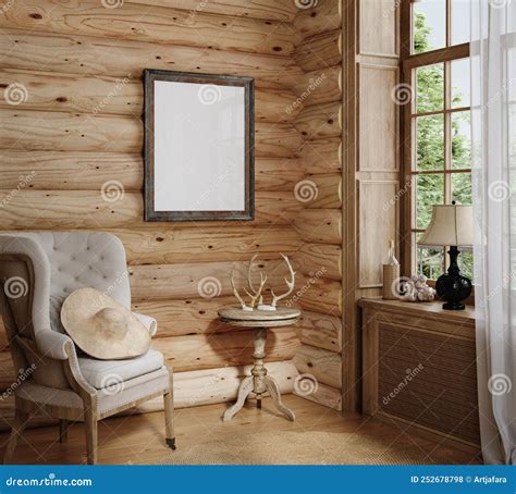 Home Mockup, Cozy Log Cabin Interior Background Stock Photo ...