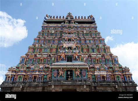 Main ornately carved painted gopuram at the 10th century Nataraj temple, Chidambaram, Tamil Nadu ...