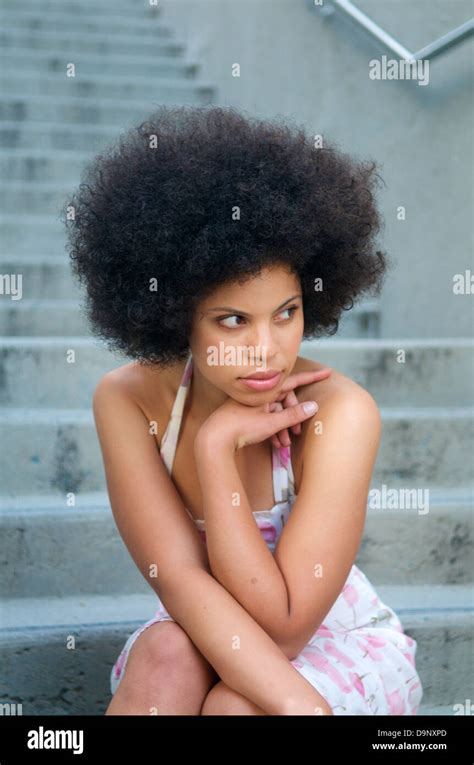 Portrait Of Beautiful African American Model With Afro Look Stock Photo