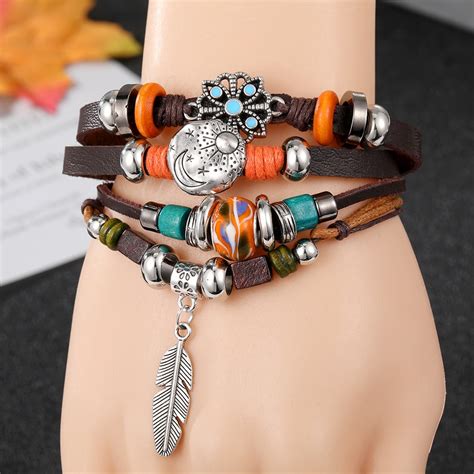 Vinatge Gothic Punk Moon Star Metal Multilayer Leather Bracelet Men