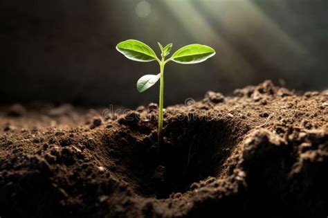 A Close Up Of A Seedling Breaking Through The Surface Of The Soil Stock