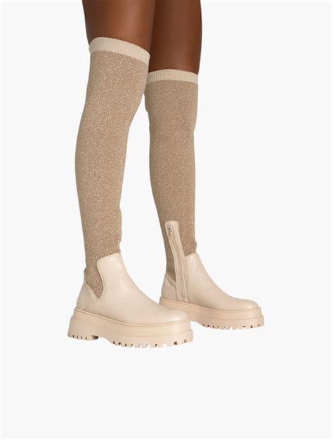MyRunway Shop Public Desire Nude Happier Boucle Knit Over The Knee Boots For Women From