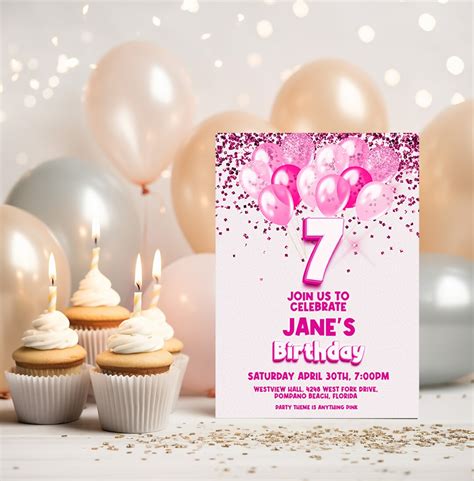 Editable Girls Pink 7th Birthday Invitation Download Pink Balloons