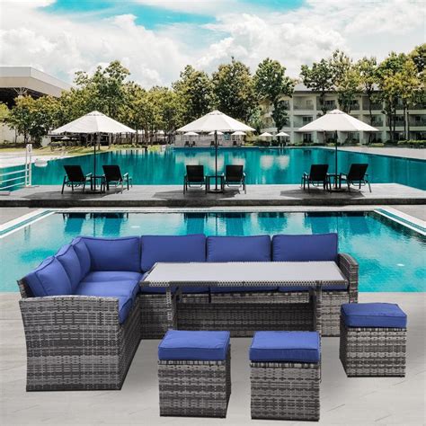 Zeus Ruta Piece Metal Wicker Outdoor Sectional Set With Blue