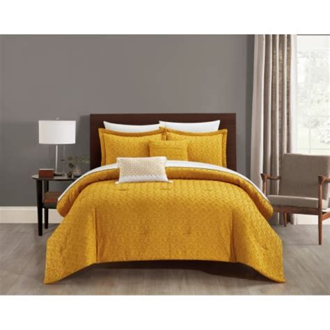 Deign 5 Piece Comforter Set Clip Jacquard Geometric Pattern Design Bedding Mustard Queen Queen