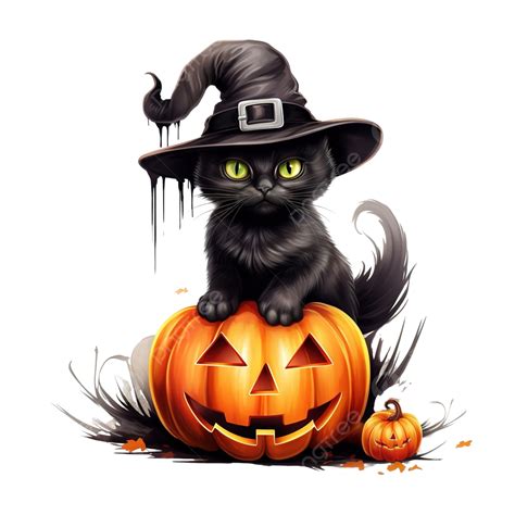 Black Cat In A Witch Hat Sitting On A Halloween Pumpkin Halloween Hat