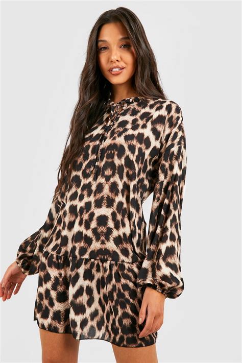 Leopard Blouson Sleeve Smock Dress Boohoo