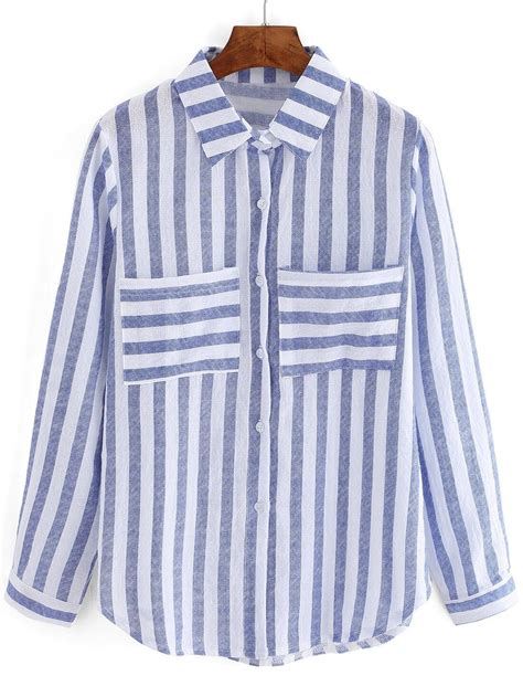 Blue White Vertical Stripe Pockets Blousefor Women Romwe