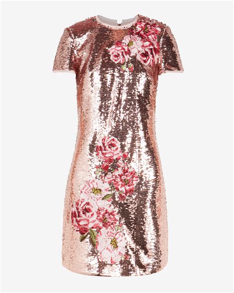 Ted Baker Synthetic Embroidered Sequin Shift Dress In Pink Lyst