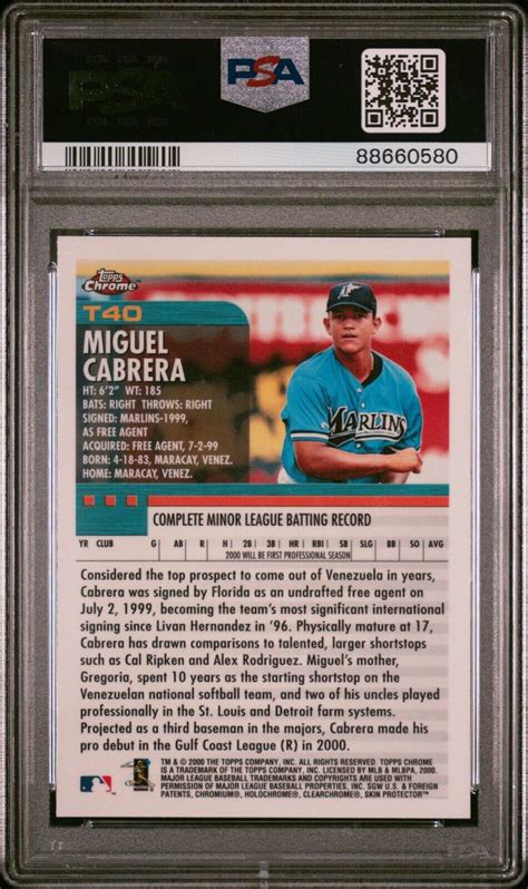 2000 Topps Chrome Traded Miguel Cabrera Rookie RC T40 PSA 9 Mint Fresh