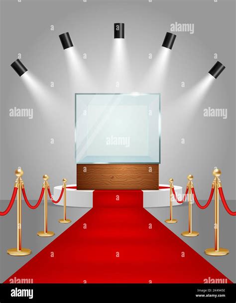 Illuminated White Round Podium With Empty Glass Showcase Red Carpet