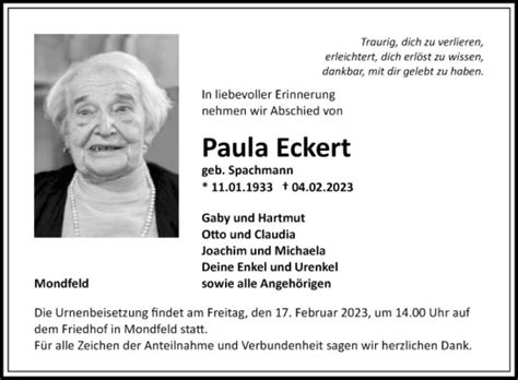 Traueranzeigen Von Paula Eckert Trauerportal Ihrer Tageszeitung