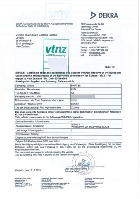 Dekra Certificate Of Compliance Emissions Standards Nzta Vehicle Portal