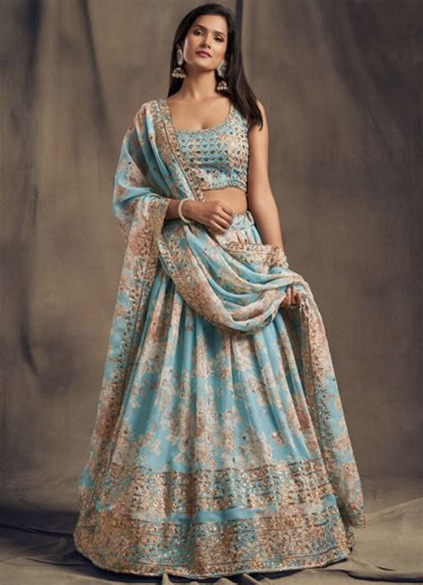 Sky Blue Organza Sangeet Lehenga Choli Lehengas Designer Collection