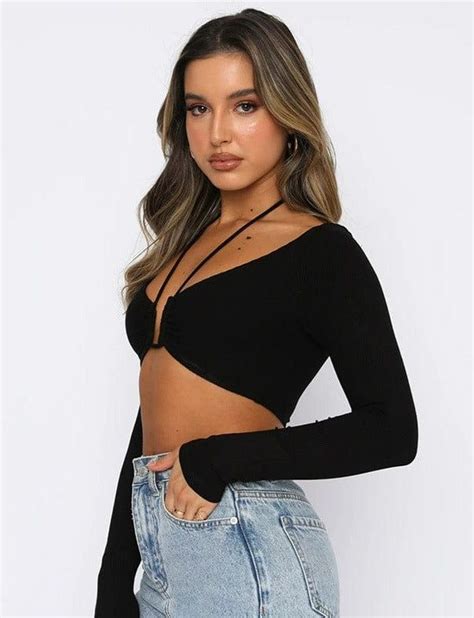 Long Sleeves Halter Neck Crop Top In 2024 Shop Crop Tops Halter Neck Crop Top Crop Tops