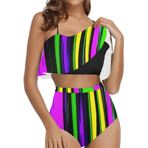 Mardi Gras Stripes High Waisted Ruffle Bikini Set Model S13 ID