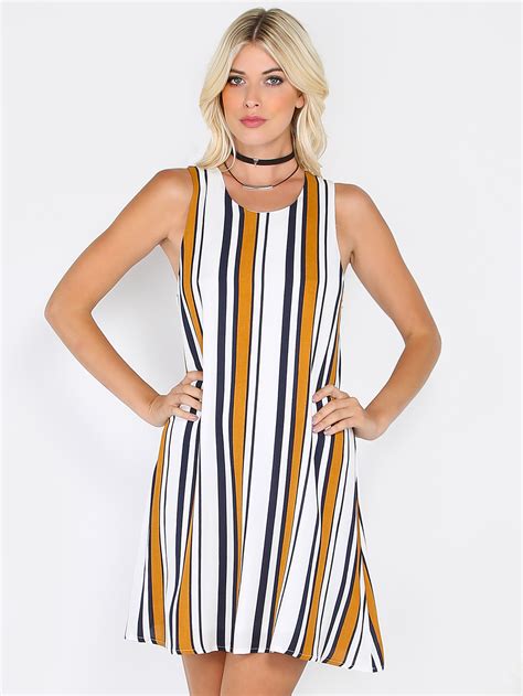 Vertical Stripe Shift Dress Camel Multi Sheinsheinside
