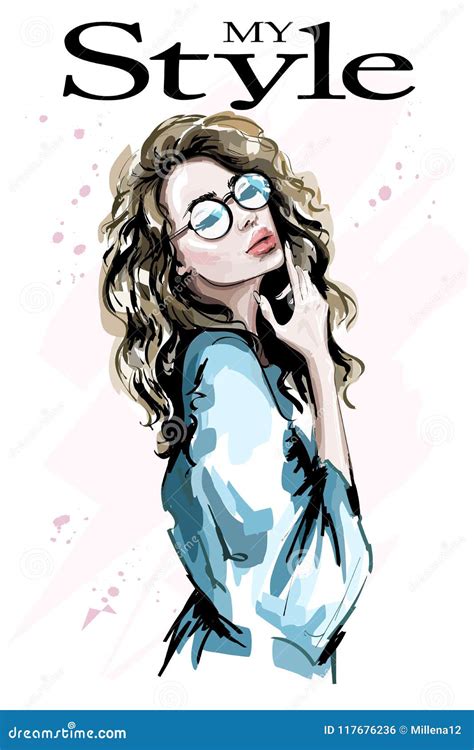 Beau Portrait Tiré Par La Main De Jeune Femme Fille Blonde Mignonne De Cheveux Bouclés Madame De