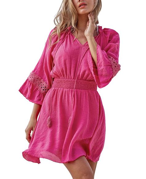 Cupshe Womens Pink Tassel And Lace Mini Cover Up Dress Macys