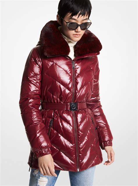 Michael Kors Faux Fur Trim Chevron Quilted Nylon Belted Puffer Coat In Red Lyst