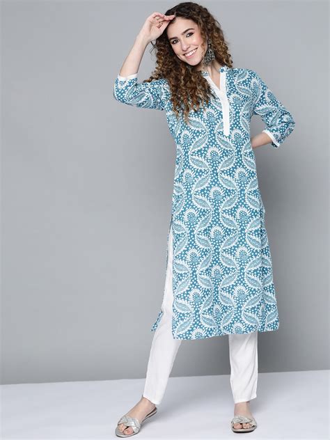 Buy Hereandnow Women Blue And White Ethnic Motifs Printed Kurta With