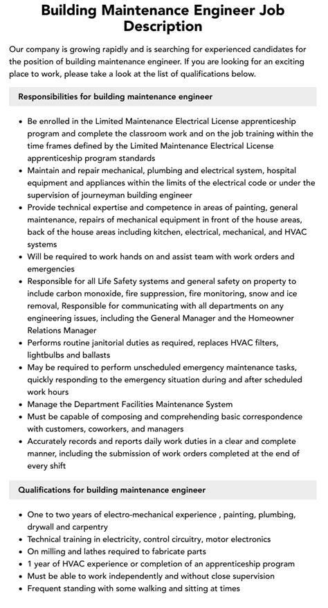 Building Maintenance Engineer Job Description Velvet Jobs