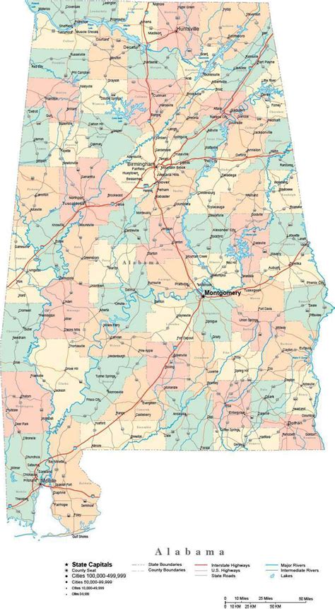 Alabama Digital Vector Map With Counties Major Cities Roads Rivers And Lakes