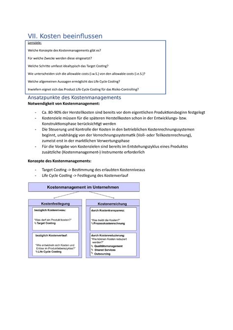 10 Vorlesung Kostenrechnung Und Controlling Zusammenfassung VII