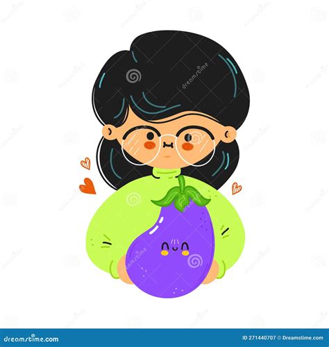 Young Cute Funny Woman Hold Eggplant In Hand Girl Hugs Cute Eggplant