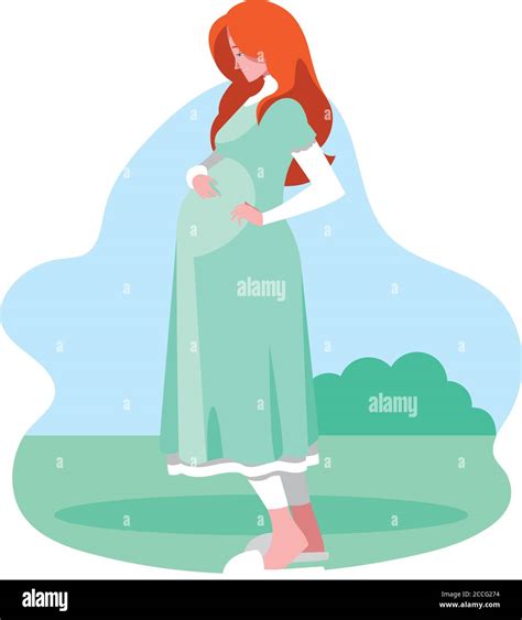 Red Hair Pregnant Woman Cartoon At Park Design Belly Pregnancy