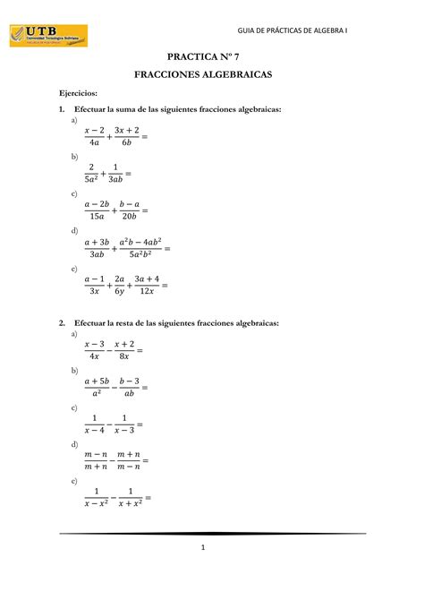 Guia De Practicas De Fracciones Algebraicas Pdf Descarga Gratuita