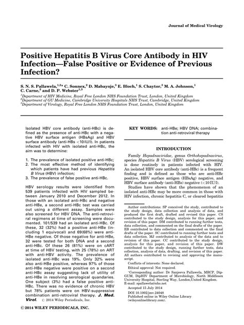 (PDF) Positive Hepatitis B Virus Core Antibody in HIV Infection-False ...