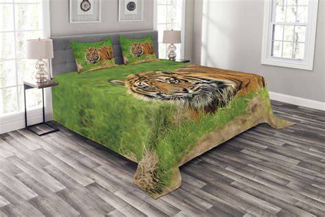 Ambesonne Tiger Quilted Bedspread Set 3 Pcs Sumatran Feline Ambush