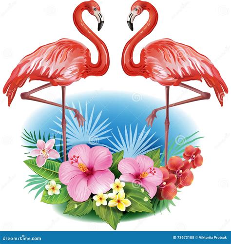 Anordnung Von Den Blumen Und Von Den Flamingos Vektor Abbildung