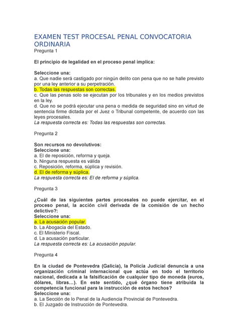 Preguntas Examen TEST Procesal Penal Convocatoria Ordinaria EXAMEN