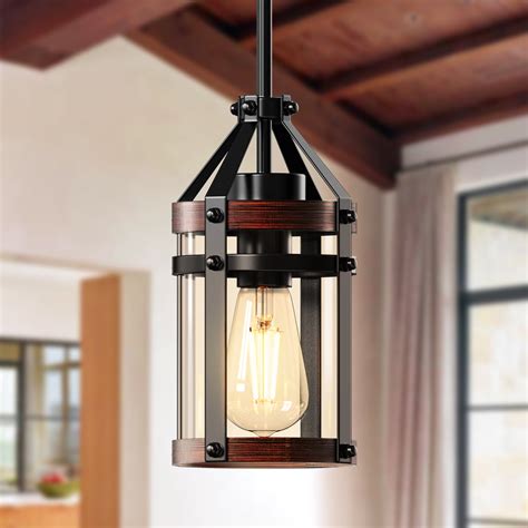 Black Wood Finish Single Pendant Lighting Fixture Farmhouse Clear Glass