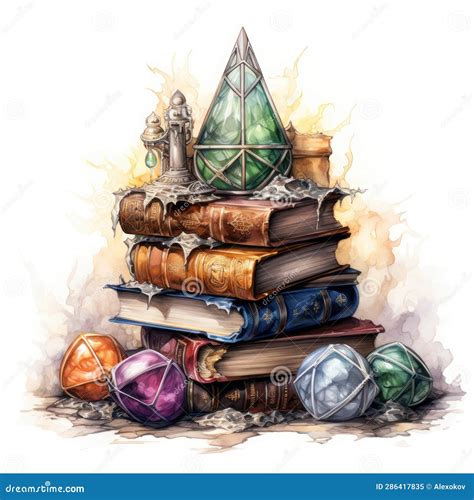 Stacked Books Surrounded By Magical Items Watercolor Clipart Ai