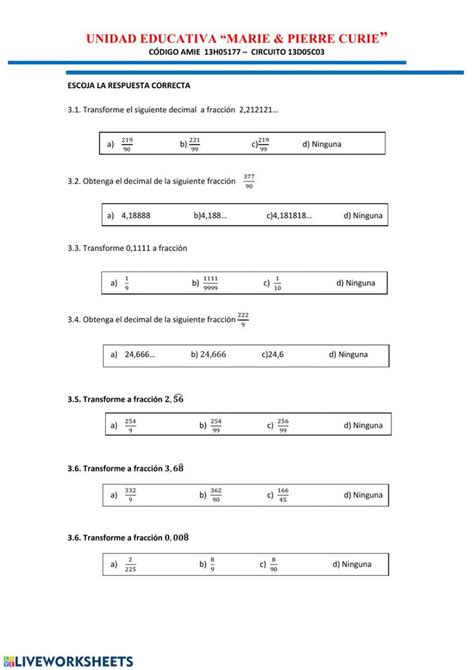 Transformación De Decimales A Fracción Ficha Interactiva