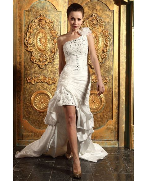 Mermaid One Shoulder Asymmetrical Satin Wedding Dress With Beading