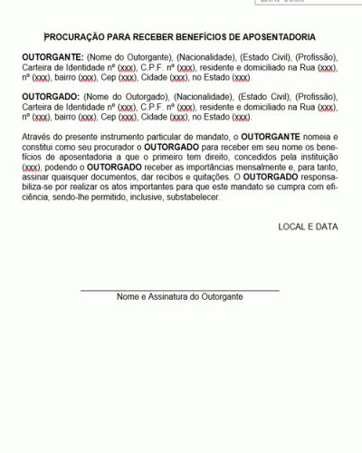 Modelo de Procuração para Receber Benefícios de Aposentadoria Modelo