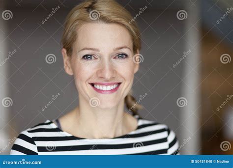 Close Up Of A Smiling Italian Blond Woman Stock Photo Image Of Home