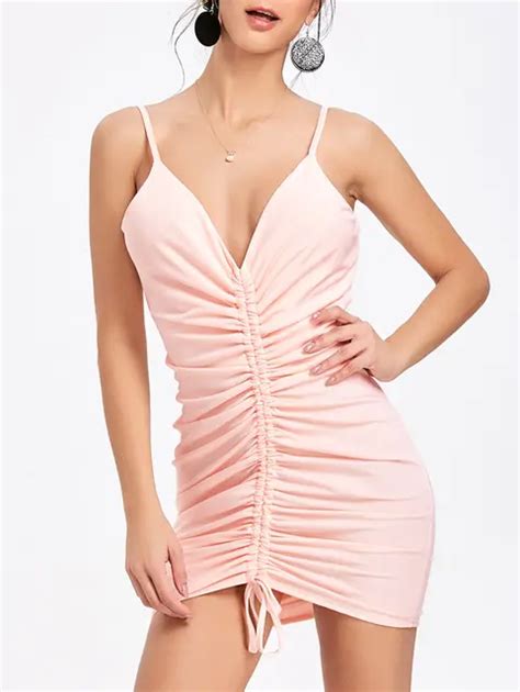 ZAFUL Spagetti Strap Plunging Neck Ruched Dress Women Sexy Club Party