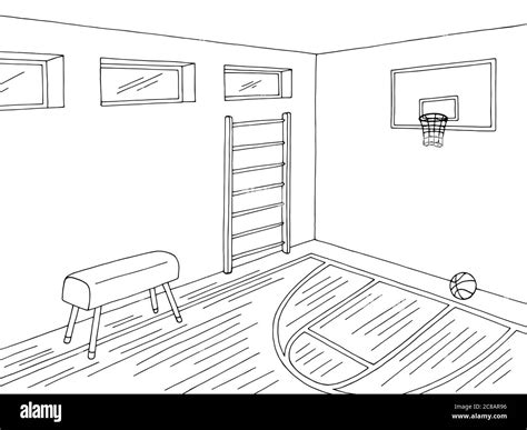 Sport hall school gym interior graphic black white sketch illustration ...