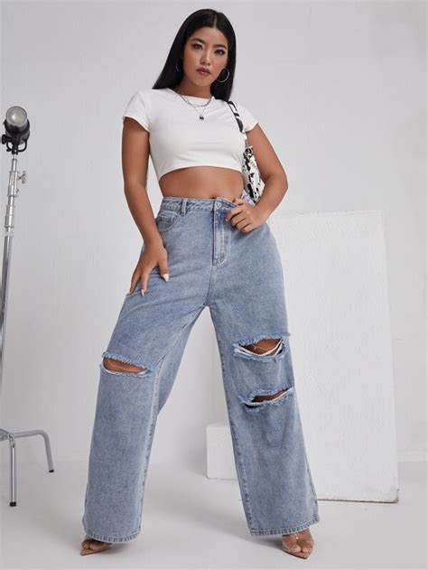 Shein Ezwear Plus High Waist Ripped Wide Leg Jeans Shein Usa