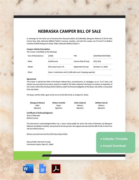 Free Free Nebraska Camper Bill Of Sale Form Template Google Docs Hot