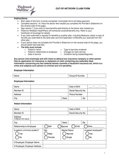 Fillable Online Out Of Network Claim Form Piedmont WellStar Health