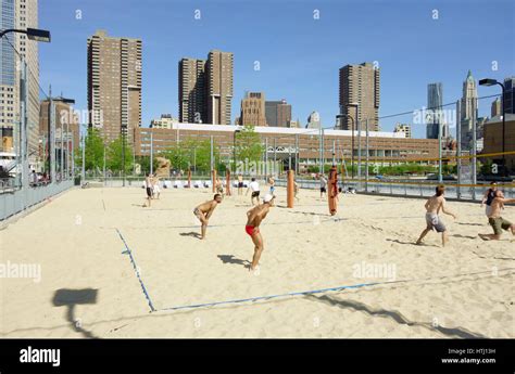 Men Playing Beach Volleyball Pier 25 Hudson River Park Tribeca Nyc