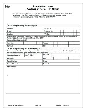 Fillable Online HR 108 E Application Form For Examination Leave To Be