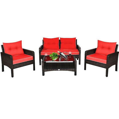 Wellfor 4 Piece Rattan Patio Conversation Set With Red Cushions In The Patio Conversation Sets